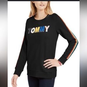 Tommy Hilfiger Black Logo Sweatshirt L Rainbow Stripe Sleeve Pullover Vintage